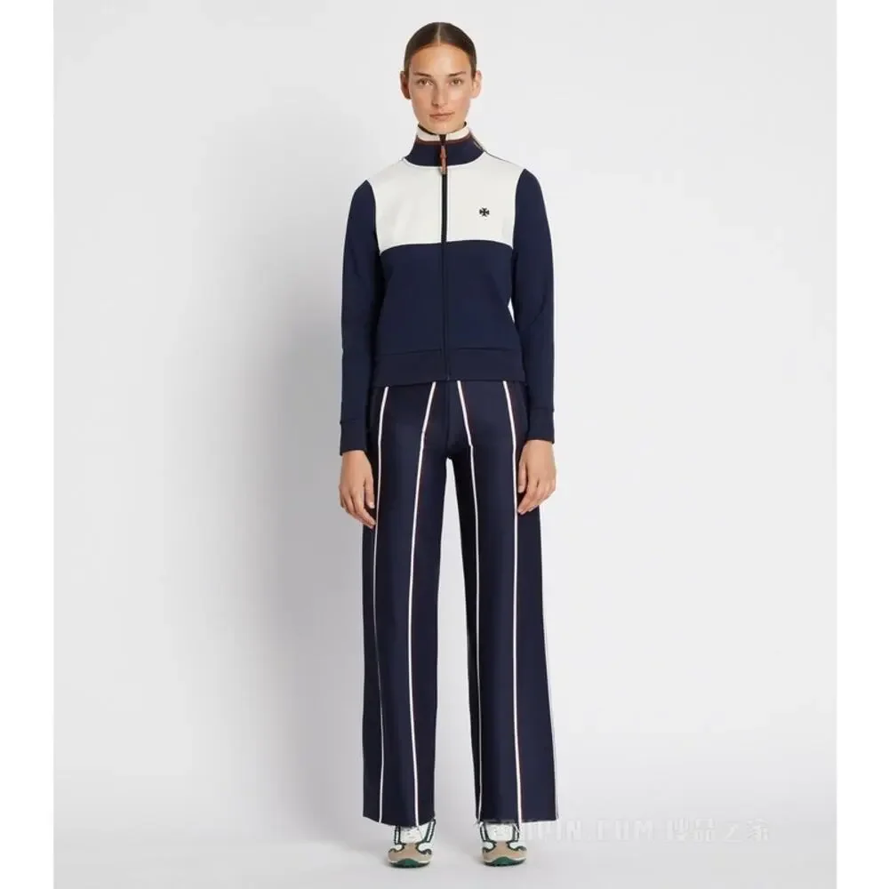Tory Burch Sport Retro Luxury Wide Leg Trousers Pants S Navy Blue Stripe Y2K - Picture 2 of 11